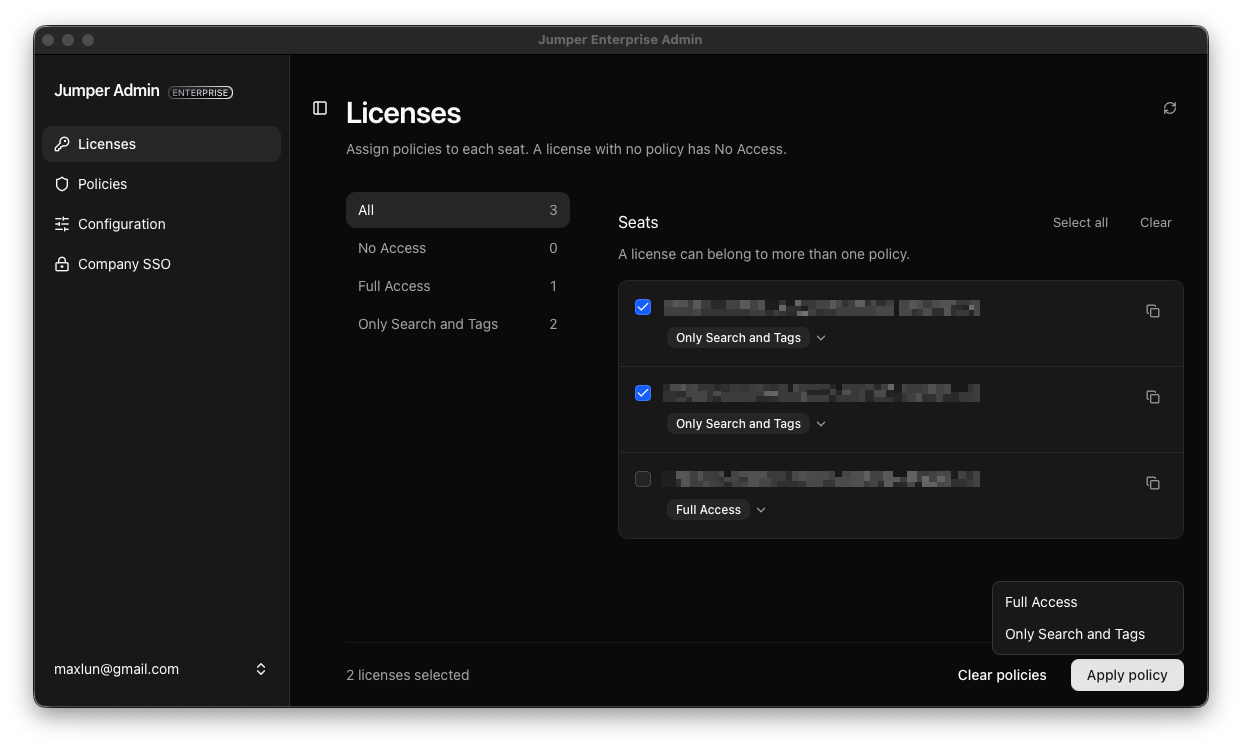 Licenses page showing two selected seats assigned to Only Search and Tags and one seat with Full Access