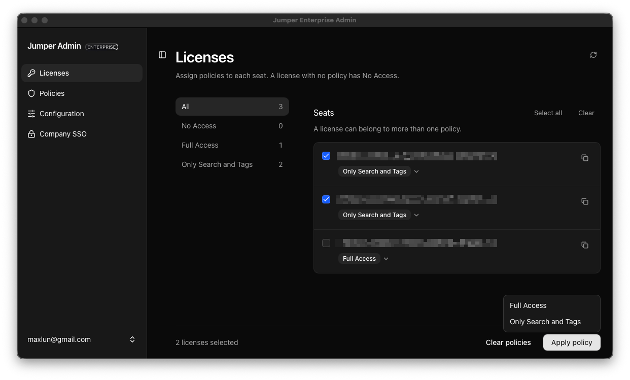 Licenses page showing two selected seats assigned to Only Search and Tags and one seat with Full Access