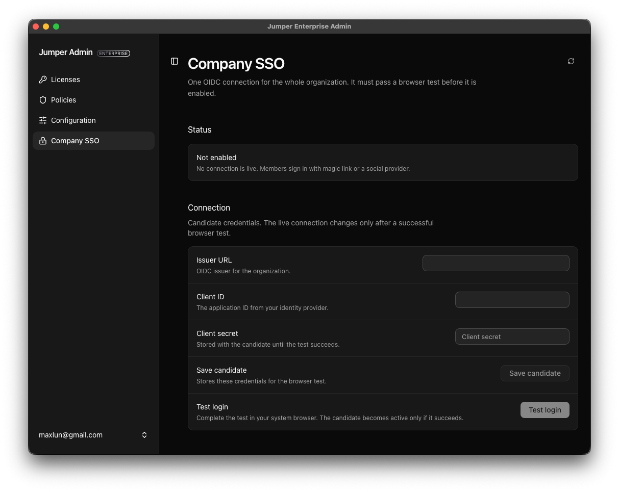 Company SSO settings with OIDC connection fields, Save candidate, and Test login