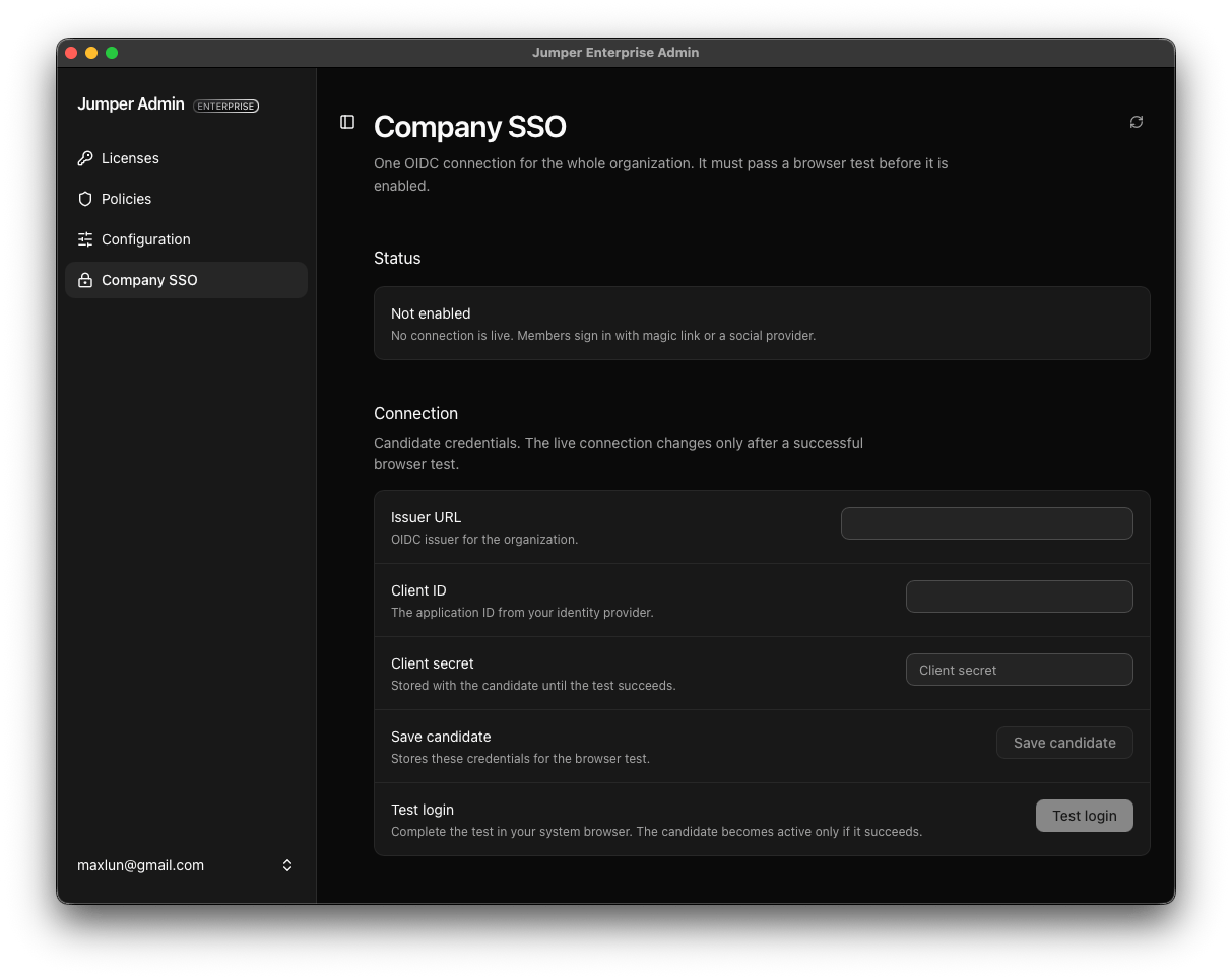 Company SSO settings with OIDC connection fields, Save candidate, and Test login