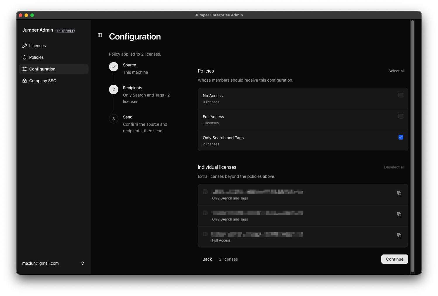 Configuration recipients step with a two-license policy selected