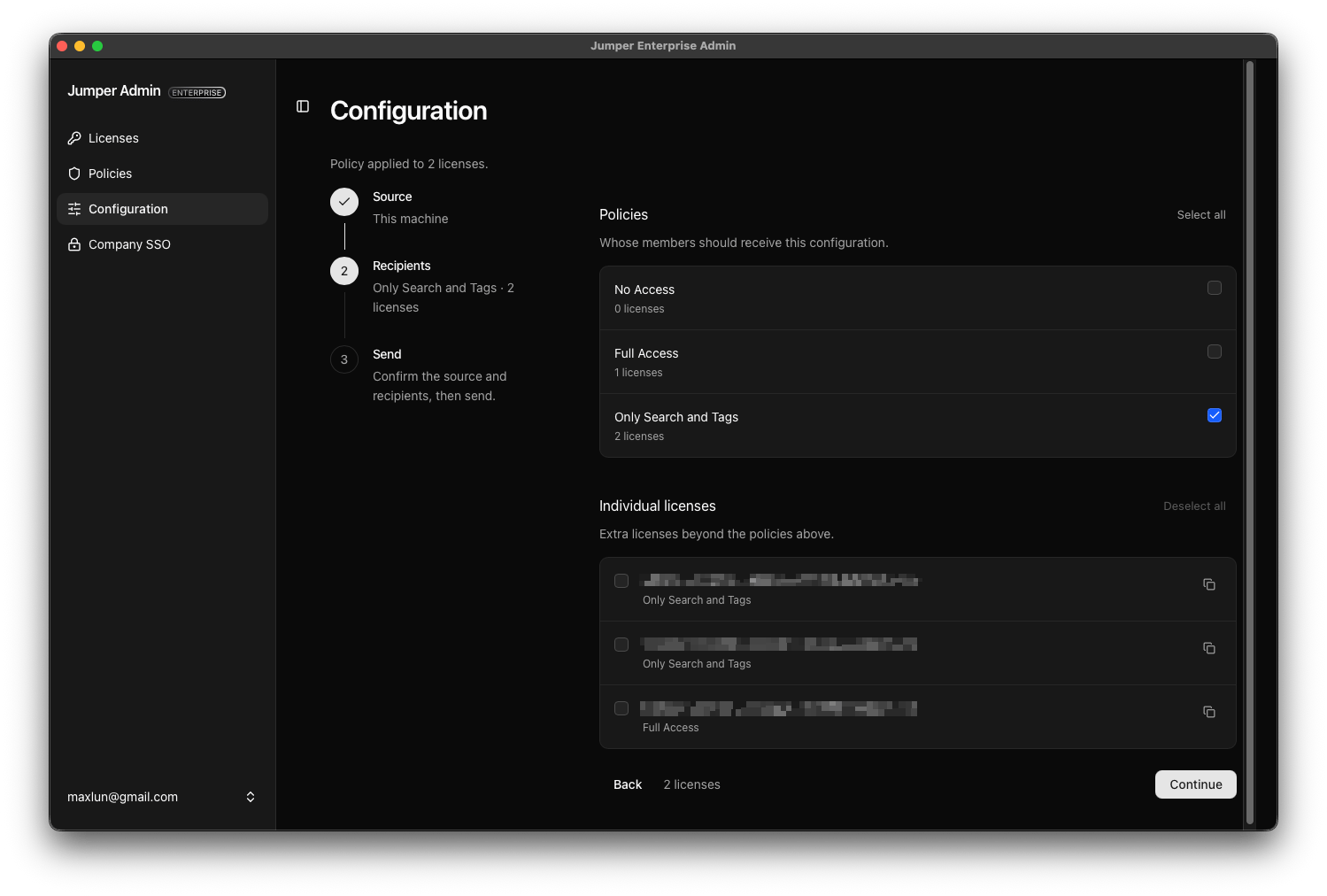 Configuration recipients step with a two-license policy selected