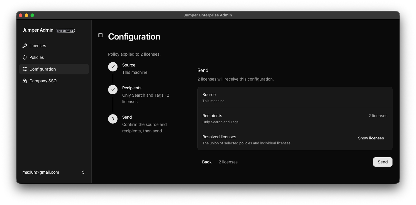 Configuration review showing the source machine and two recipient licenses
