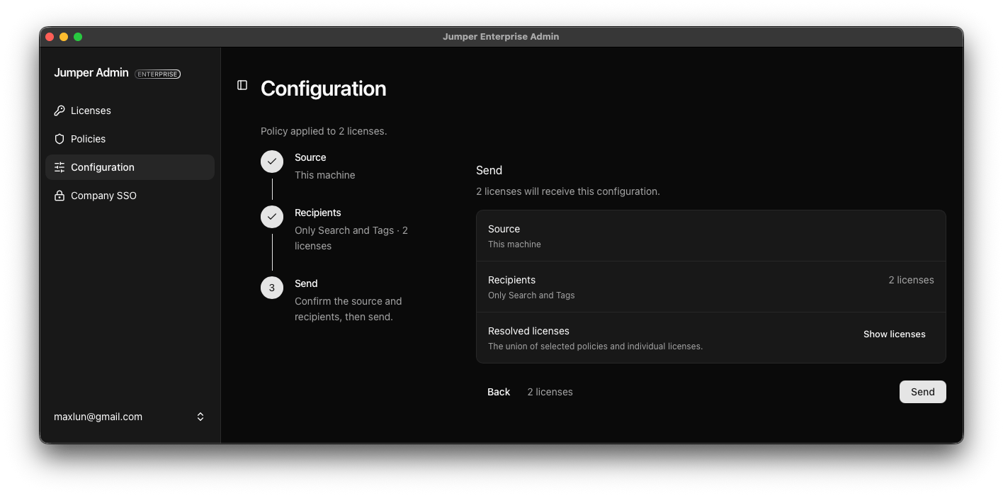 Configuration review showing the source machine and two recipient licenses