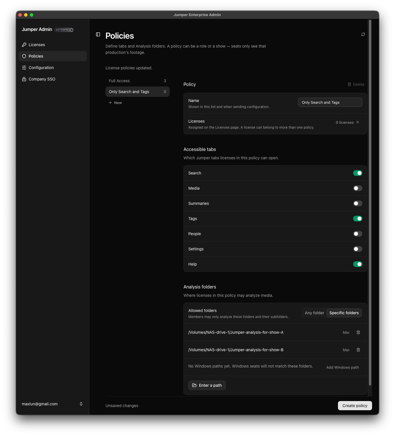 Policy editor allowing Search, Tags, and Help, with analysis folders restricted to Show A and Show B