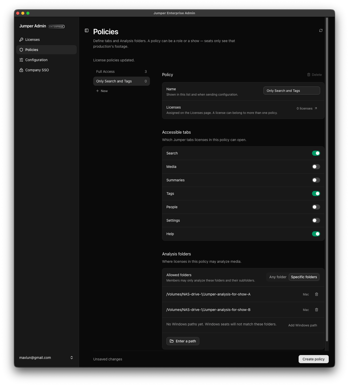 Policy editor allowing Search, Tags, and Help, with analysis folders restricted to Show A and Show B