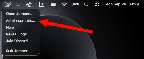 Jumper menu bar menu with Admin controls highlighted