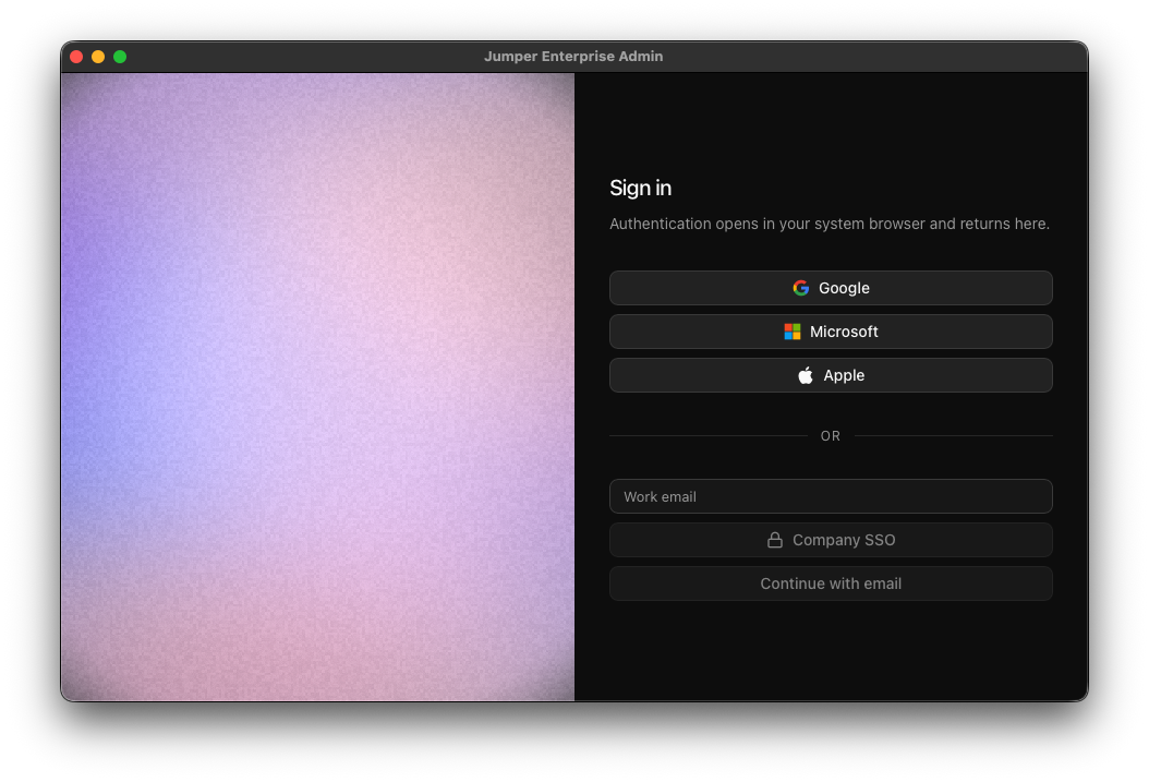 Enterprise Admin sign-in screen with social sign-in, work email, and Company SSO options