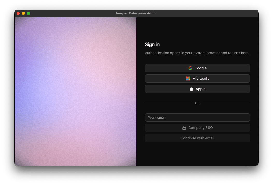 Enterprise Admin sign-in screen with social sign-in, work email, and Company SSO options