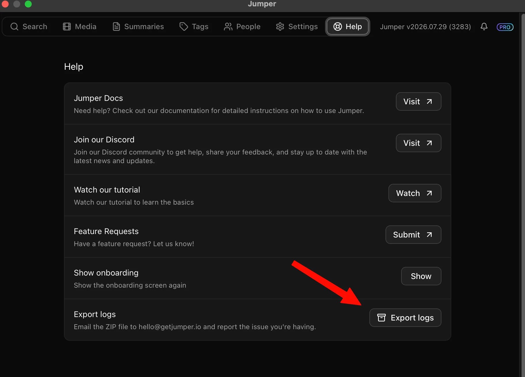 The Jumper Help tab with an arrow pointing to the Export logs button