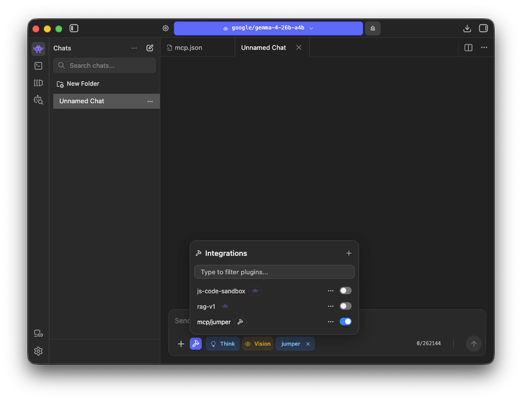 LM Studio chat composer showing the jumper integration attached