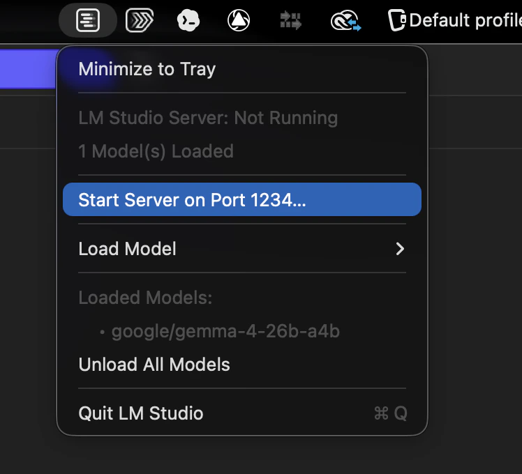LM Studio menu bar menu showing Start Server on Port 1234