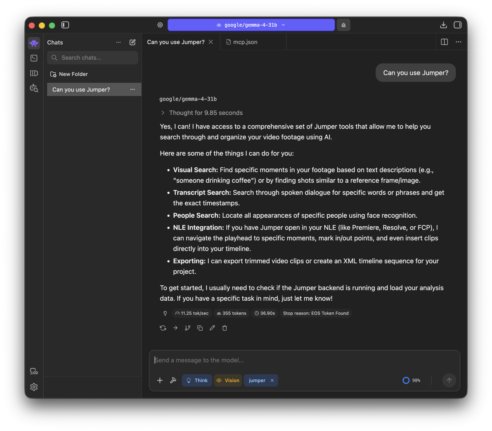 LM Studio chat responding to 'Can you use Jumper?' with Jumper capabilities