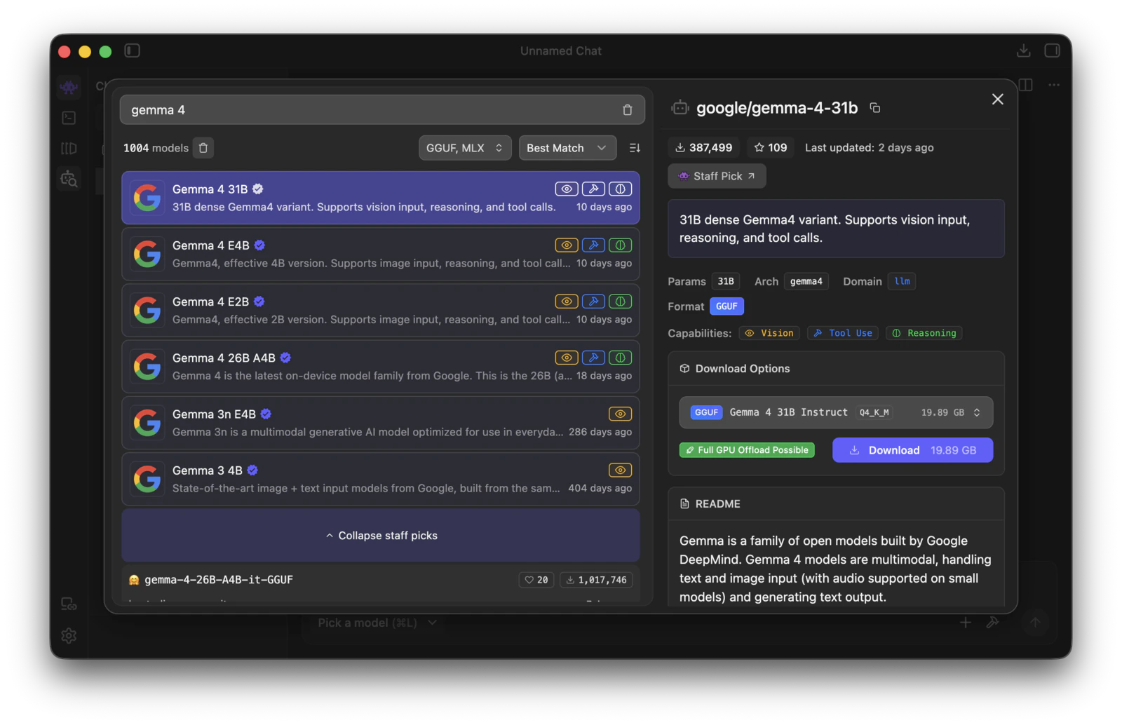 LM Studio model search results for Gemma 4 with tool use and vision badges