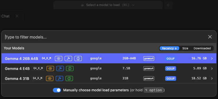 LM Studio model picker with several Gemma 4 models ready to load