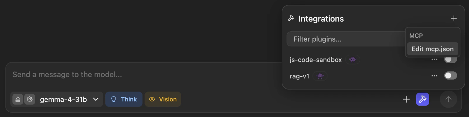 LM Studio Integrations panel with Edit mcp.json selected