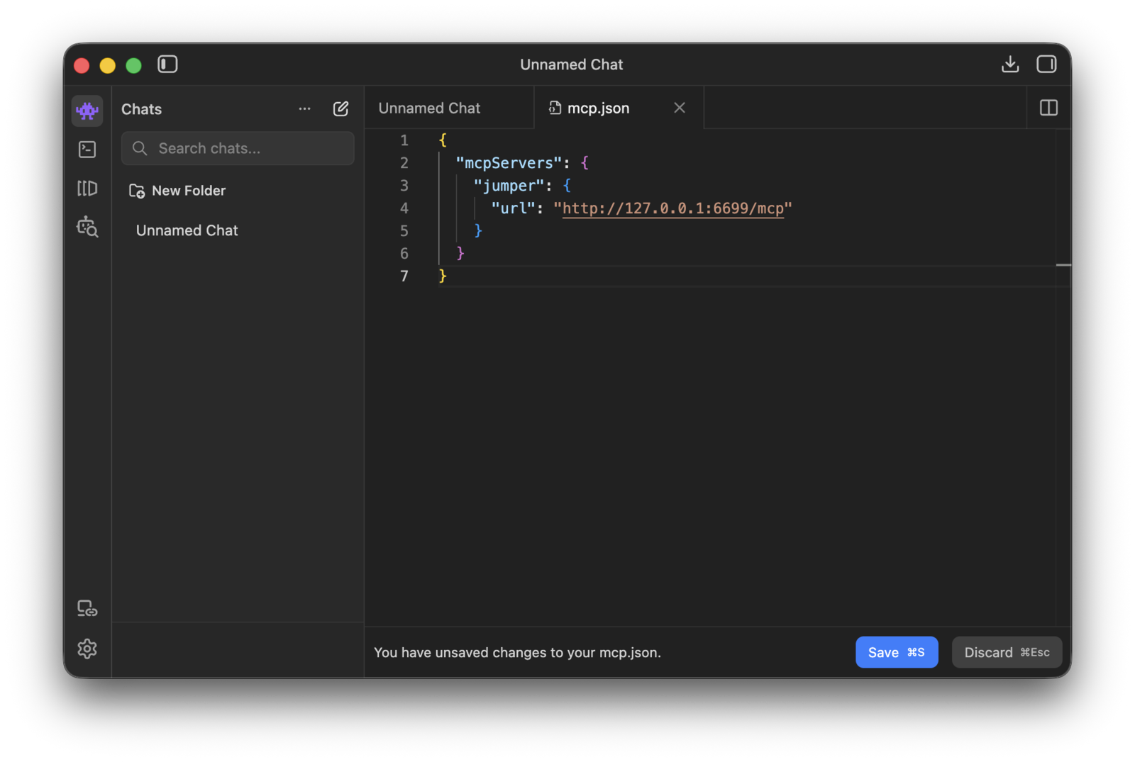 LM Studio mcp.json file configured with the Jumper MCP server