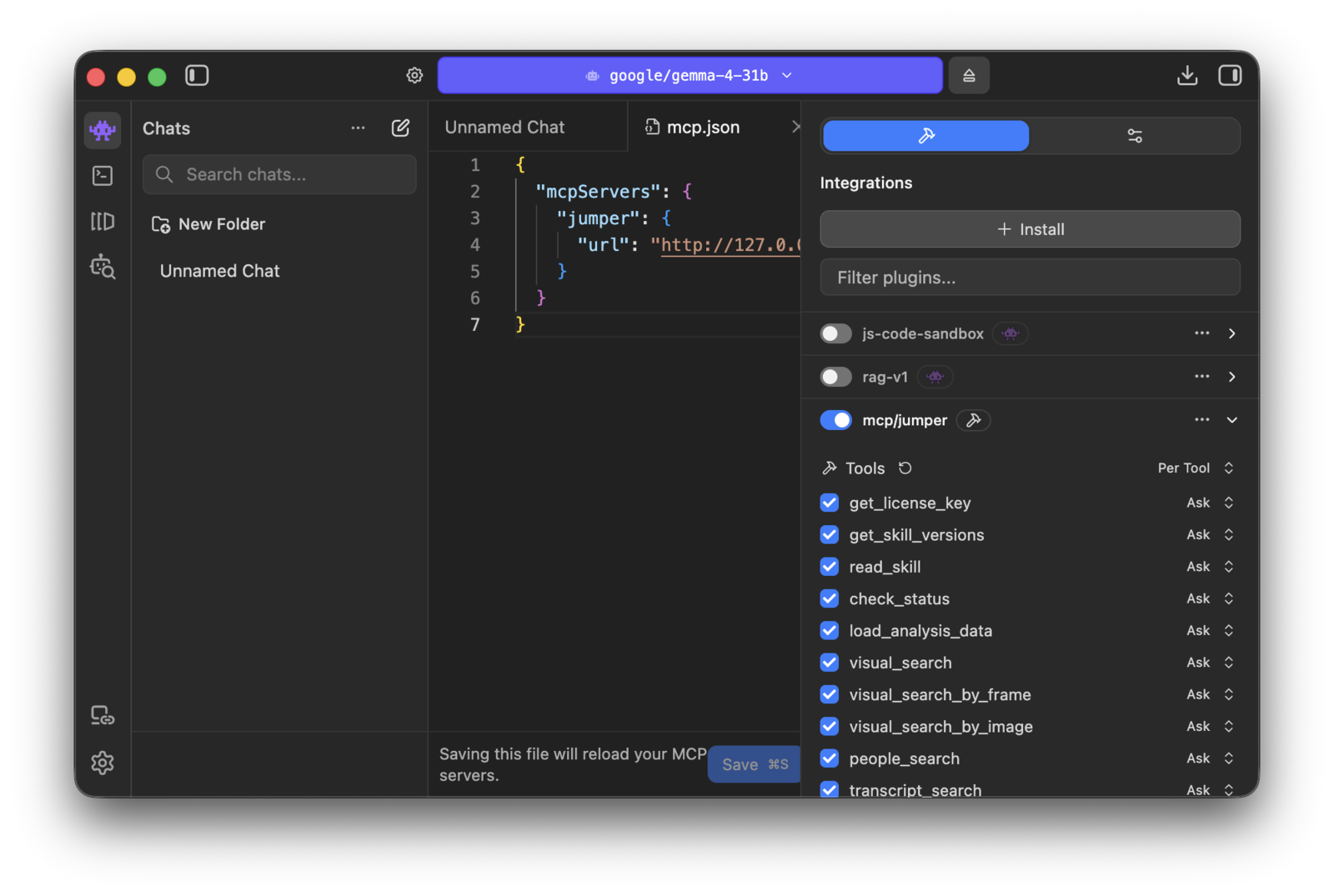LM Studio Integrations panel with mcp/jumper enabled and Jumper tools listed