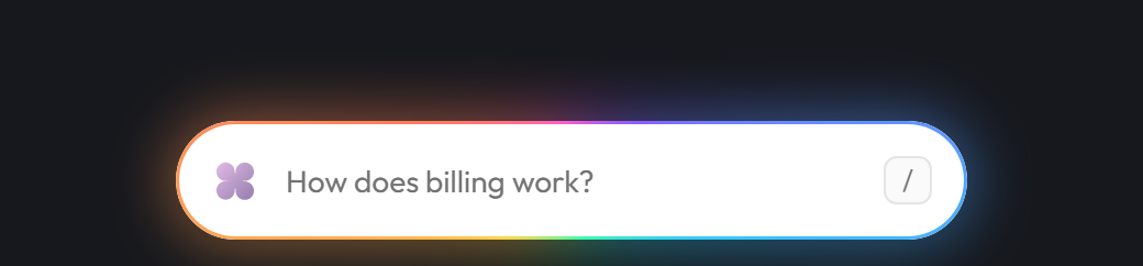 A white pill with the Jun mark and How does billing work? on a dark page, with a multi-colour glow