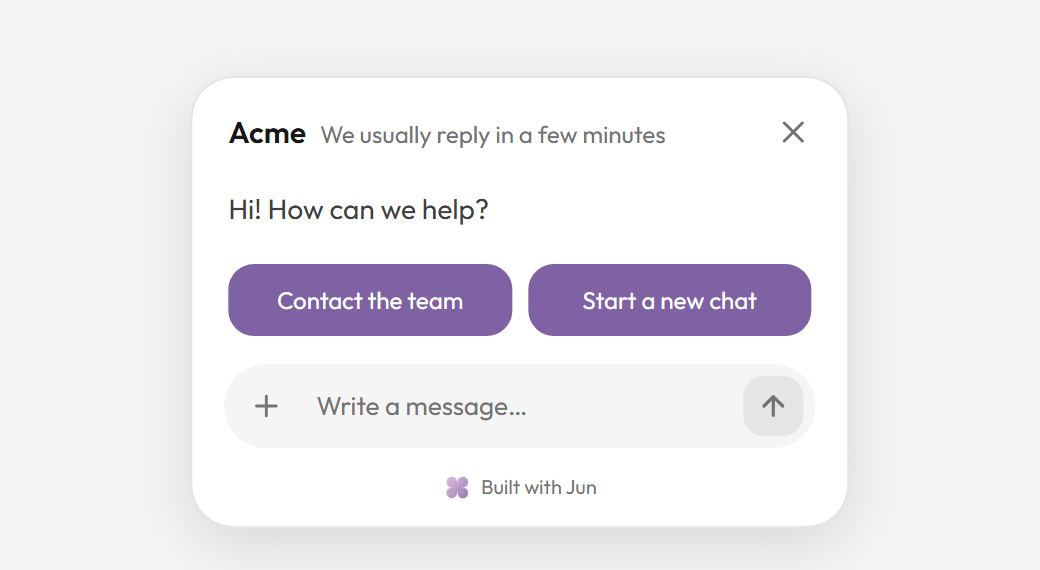 A greeting card titled Acme with the reply time, Hi! How can we help?, Contact the team and Start a new chat buttons, and a message box