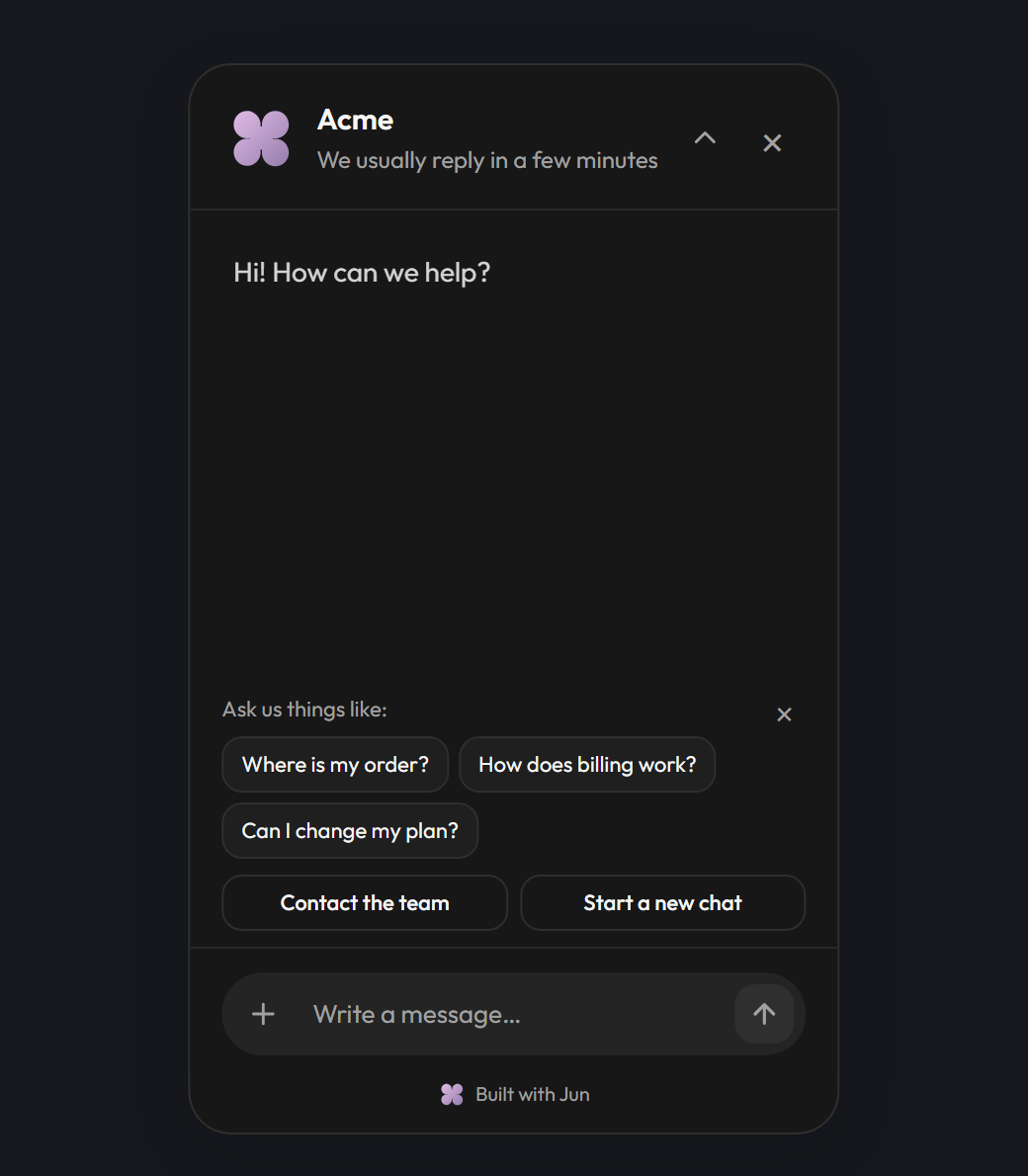 An open chat window in dark colours titled Acme, with the greeting, suggested questions and a message box