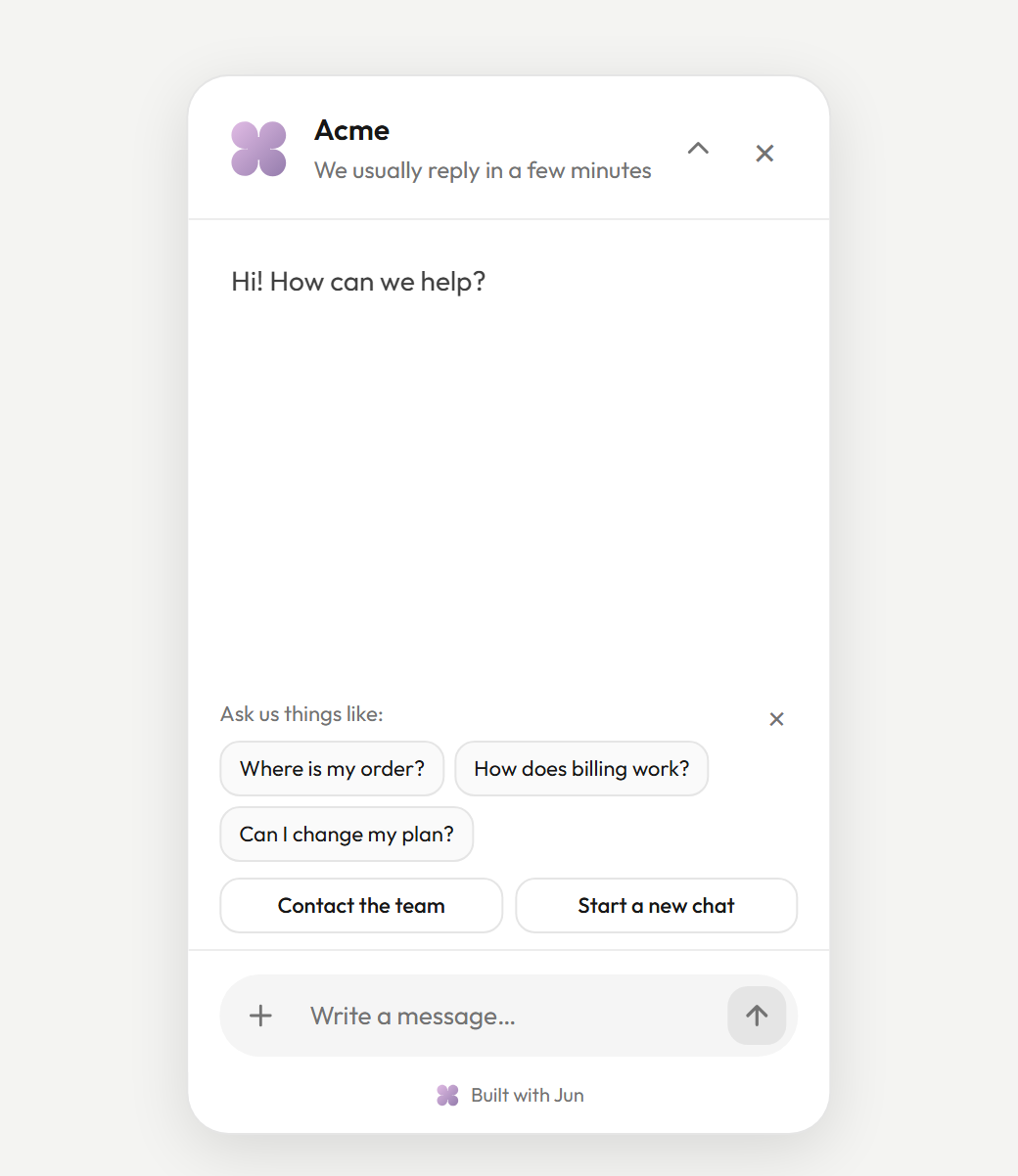 An open chat window titled Acme with the greeting, three suggested questions, Contact the team and Start a new chat buttons, and a message box