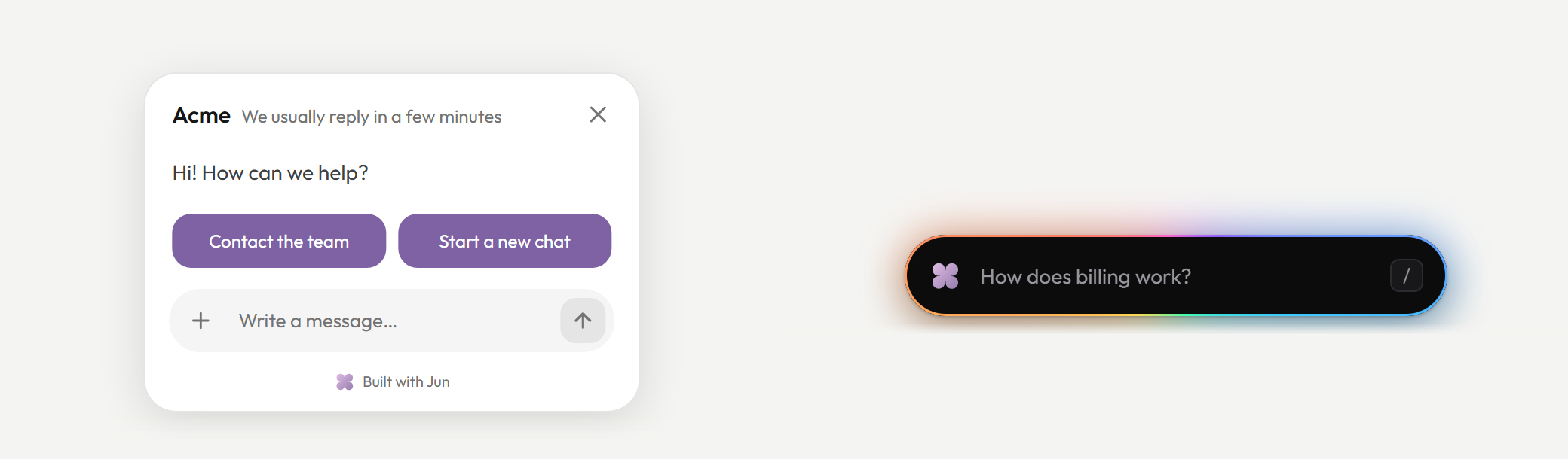 Left, a greeting card titled Acme with Contact the team and Start a new chat buttons and a message box; right, the island, a near-black pill reading How does billing work? with a multi-colour glow