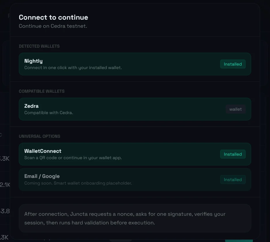 Screenshot of supported wallets on Juncta.