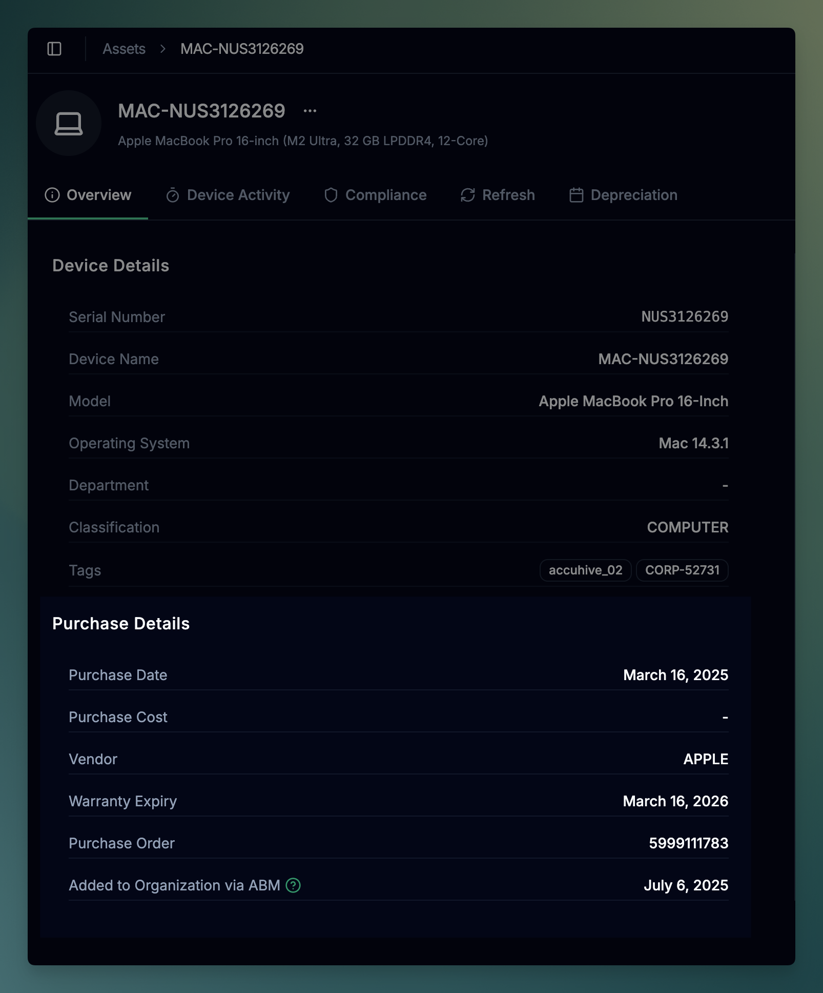 Apple Business Manager Purchase Details