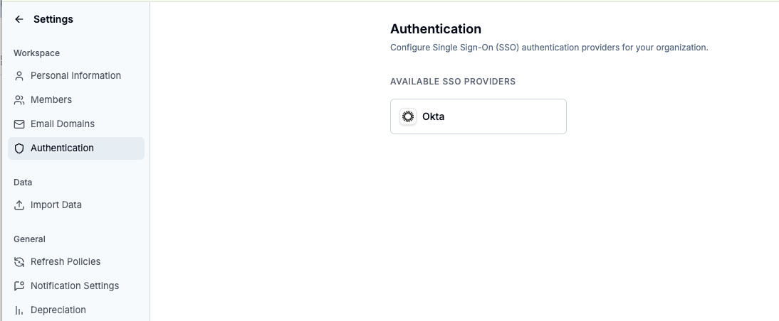 June settings page highlighting Okta as an SSO provider