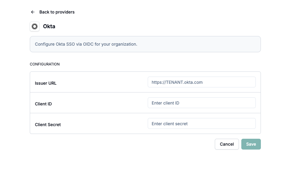 June Okta configuration form with Issuer URL, Client ID, and Client Secret