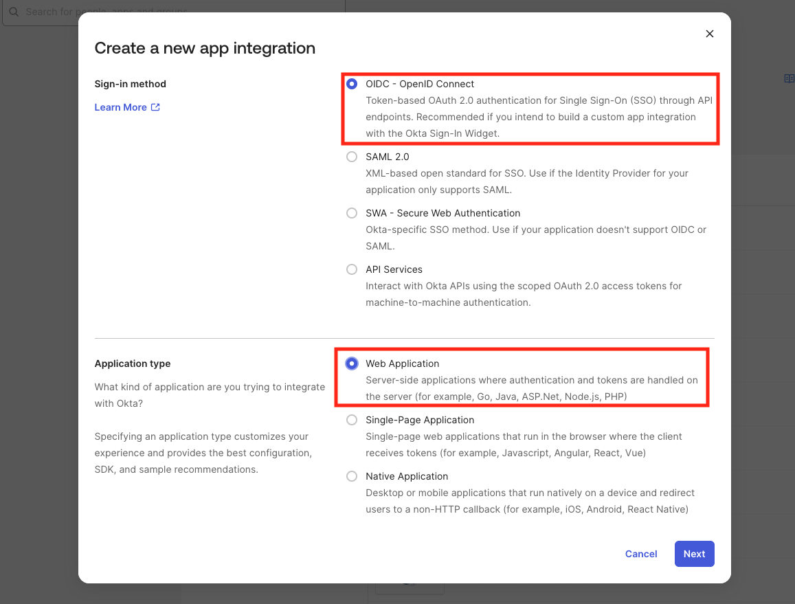 Okta create app integration dialog with OIDC Web Application selected