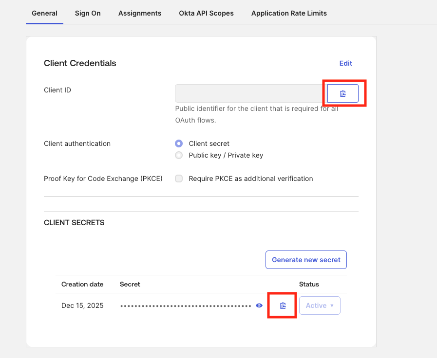 Okta client credentials section showing Client ID and Client Secret