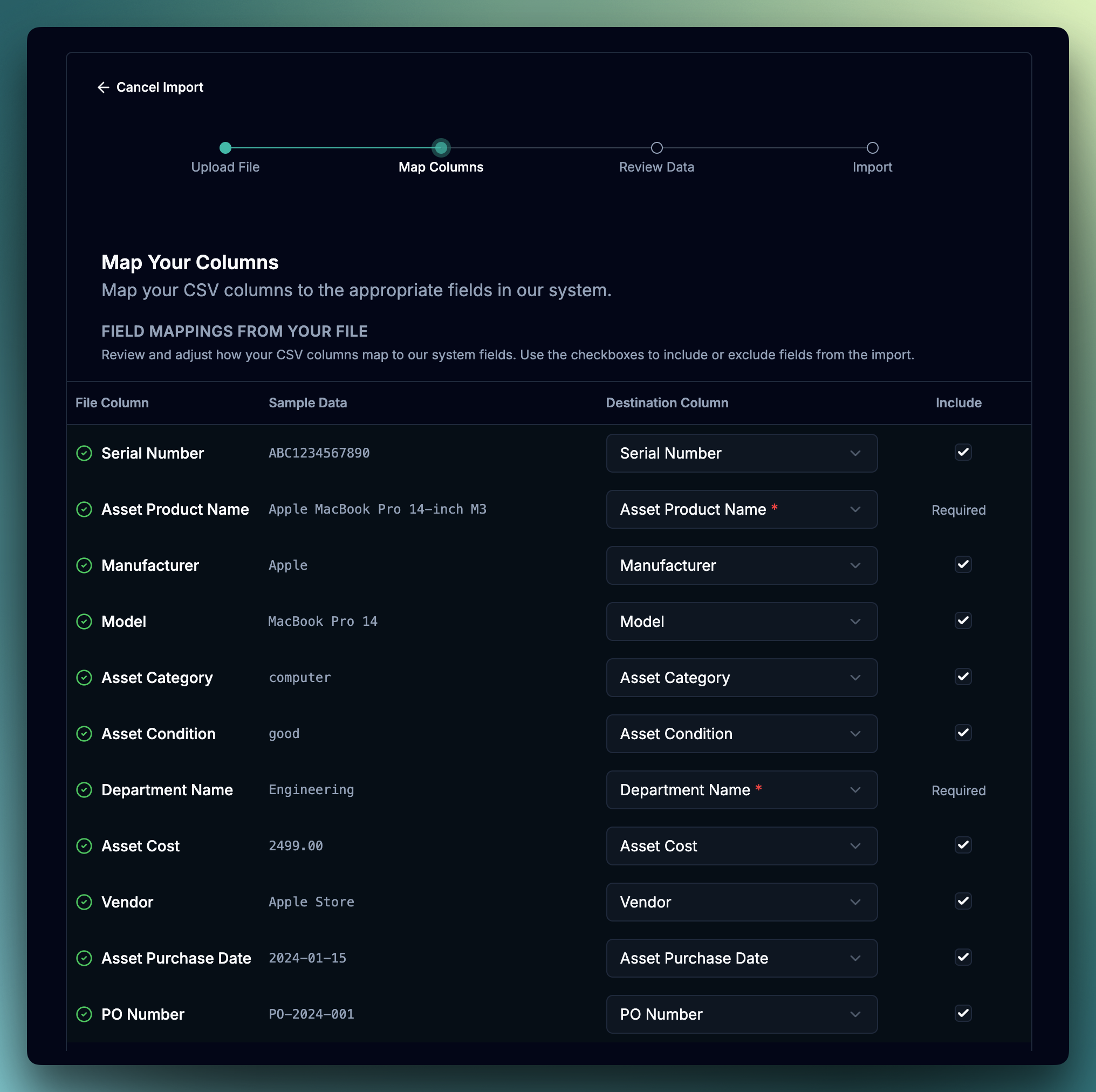 Asset Upload Map Columns