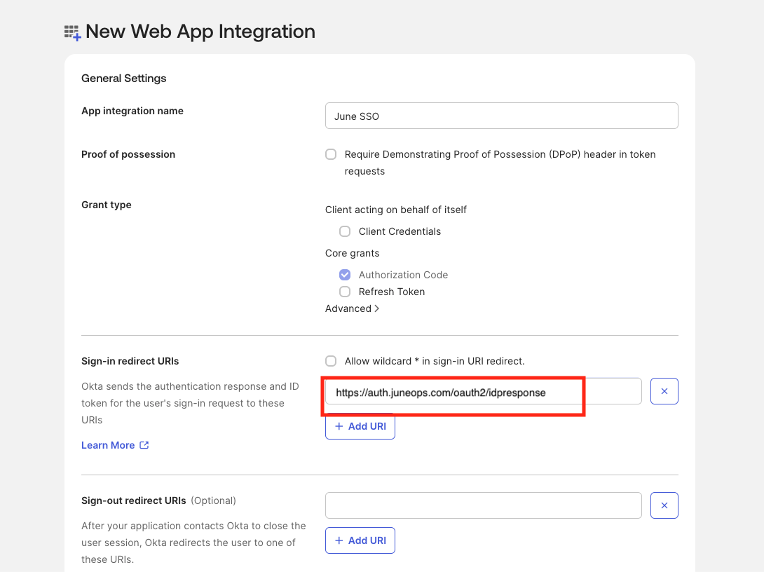 Okta Web App Integration settings with redirect URI configured