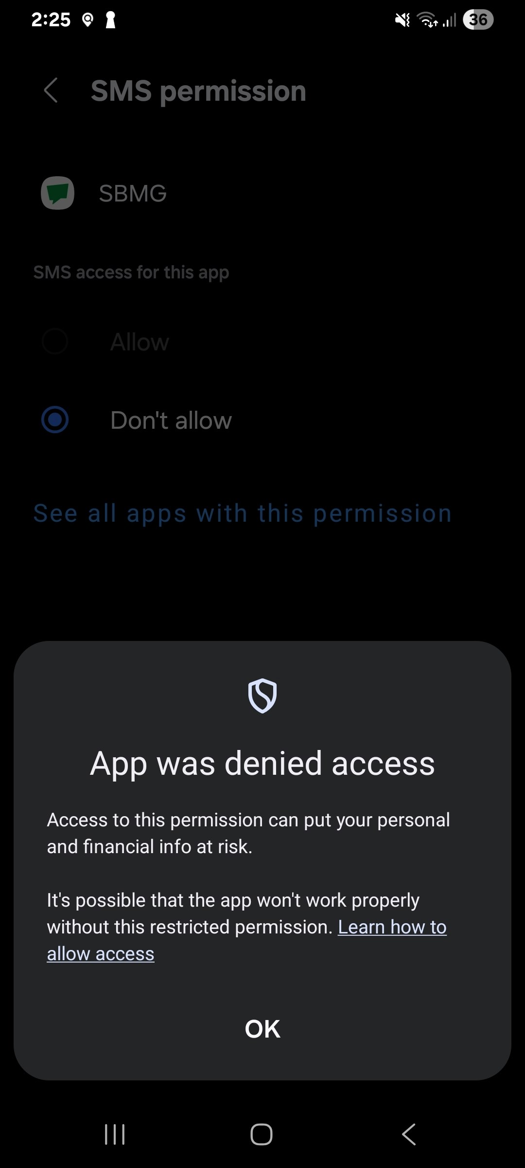 Screenshot showing "App was denied access" pop-up