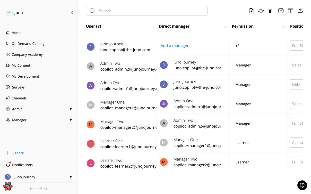 Employees tab β user management table