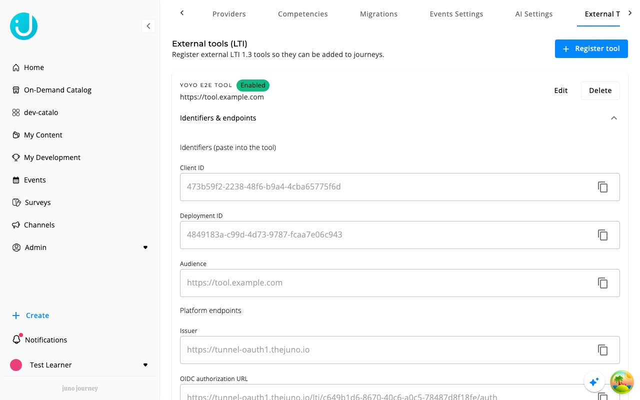 A registered tool showing its generated identifiers and platform endpoints