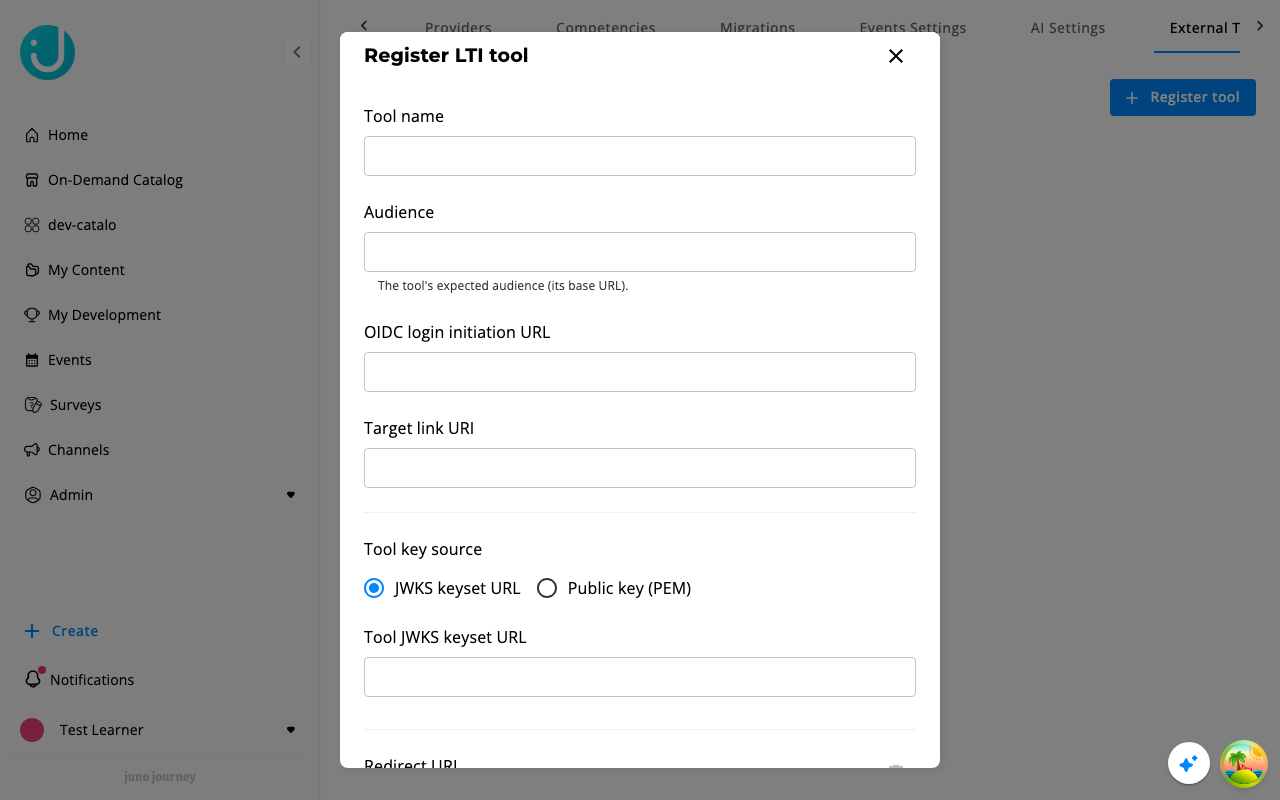 The Register LTI tool form under Admin → Settings → External Tools (LTI)