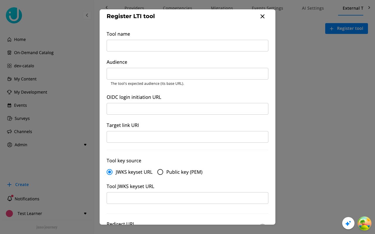 The Register LTI tool form under Admin → Settings → External Tools (LTI)