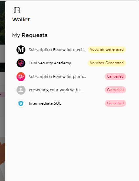 My Wallet listing your requests with their statuses