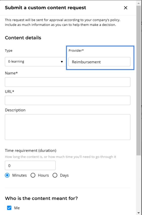 Custom content request with Reimbursement selected as the provider
