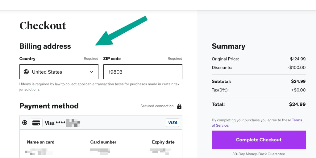 Udemy checkout asking for a billing address