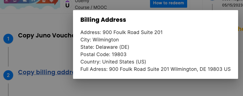 Billing address shown after clicking Copy billing address