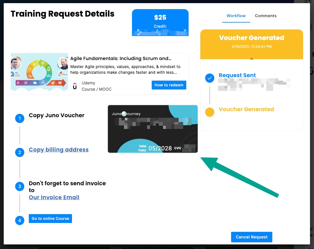 Voucher card details in the request dialog