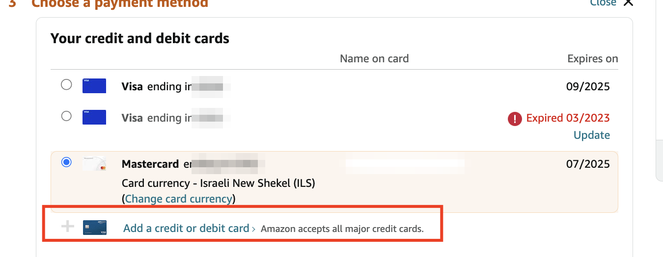 Amazon payment methods with Add a credit or debit card