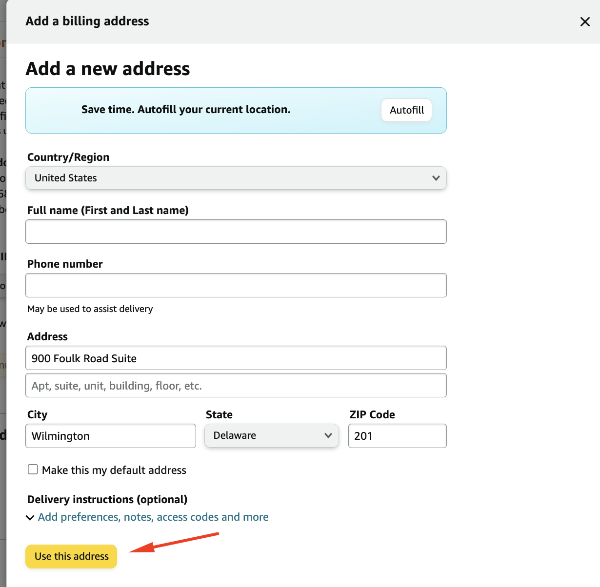 Amazon billing address form filled with the voucher billing address