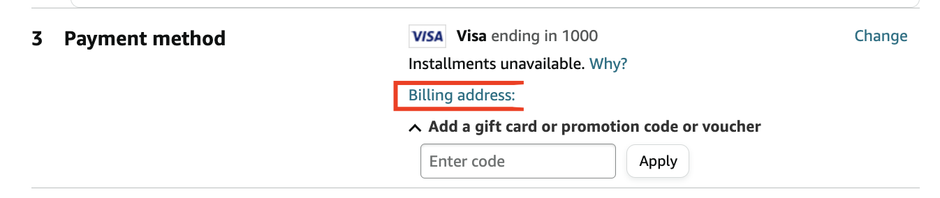 Amazon payment method with the Billing address link