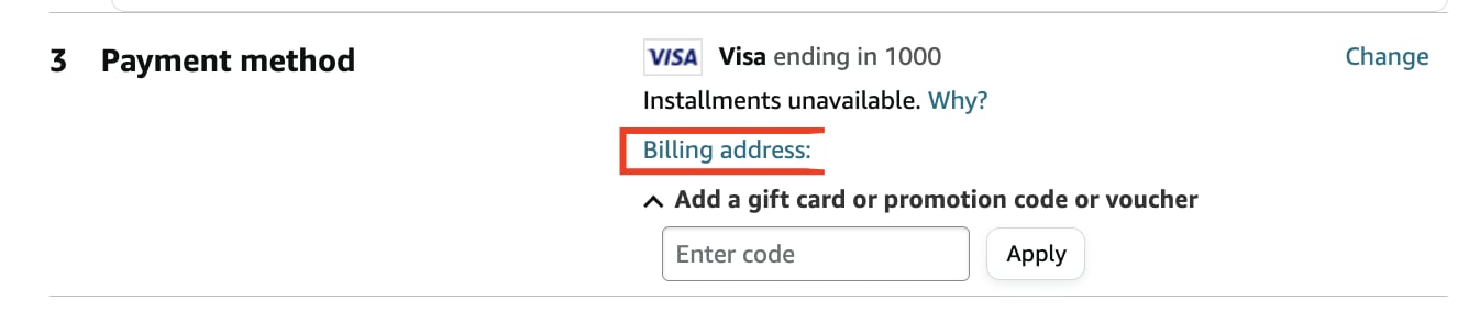 Amazon payment method with the Billing address link