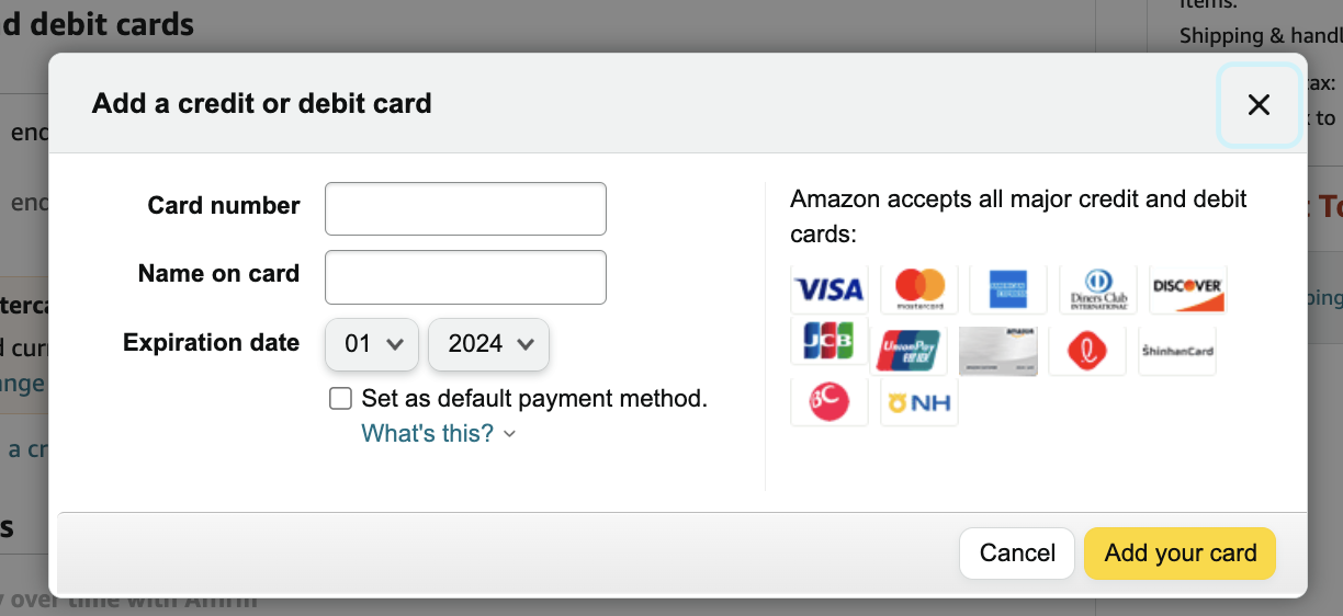 Amazon Add a credit or debit card form